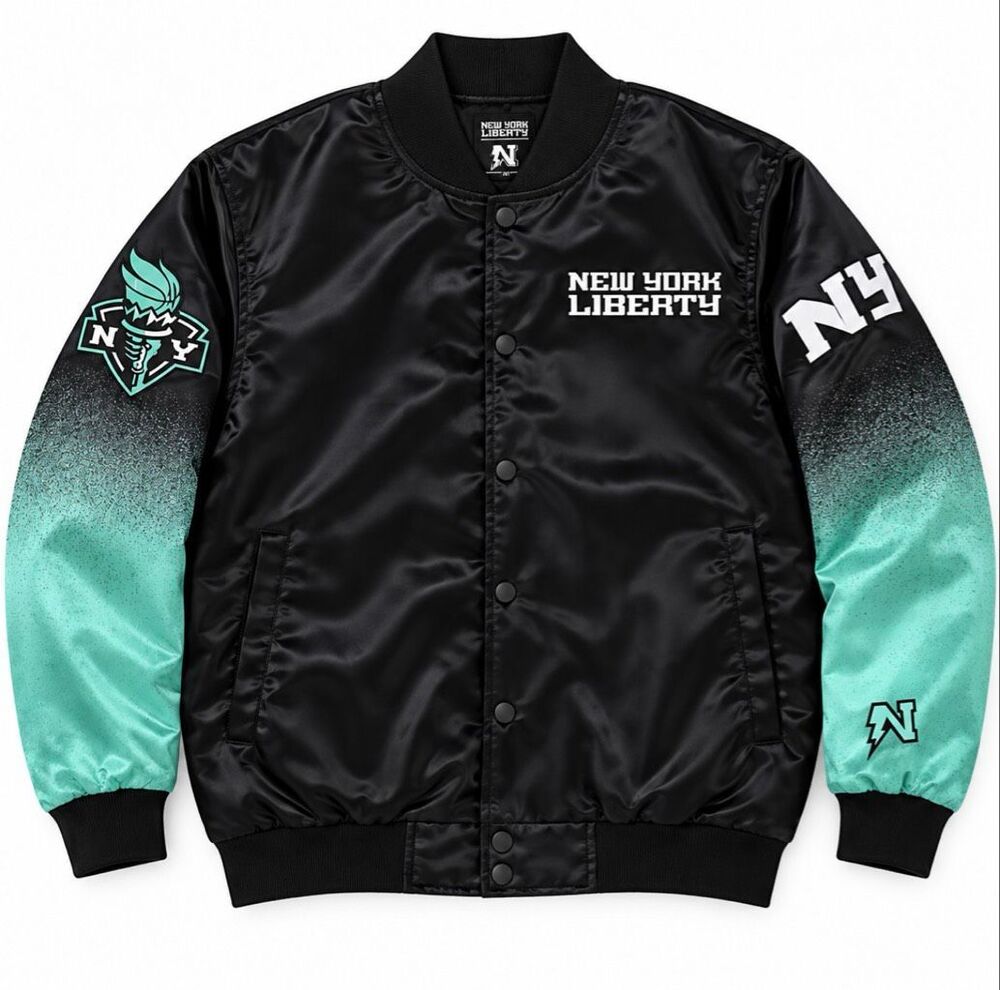 New York Liberty x New Jersey Sets Satin Bomber Jacket Black Green S WNBA